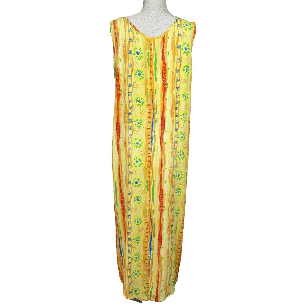 Vtg Big Hed Designs Dress Womens XL Yellow Floral Maxi Sundress Beach Funky Lady - Picture 2 of 12